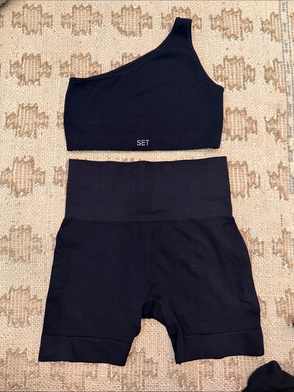 SET Active Black One-Shoulder Ribbed Sports Bra & High-Waist Biker Shorts Set